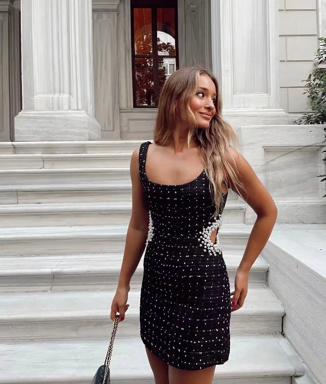 

Spring and summer women's tweed dress sleeveless hollow pearl decoration U-neck lattice classic elegant casual empire skirt