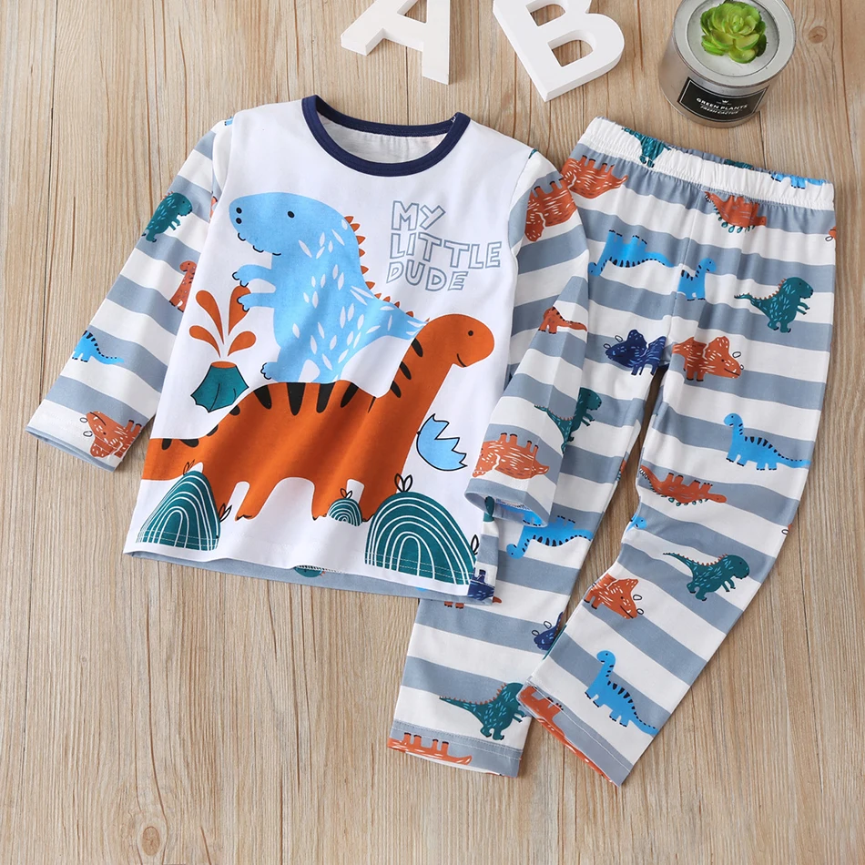 

2PCS Toddler Boys Autumn Winter Clothes Set Dinosaur Print Long Sleeve Sweatshirt& Striped Pants Kids Children Outfits for 1-5Y