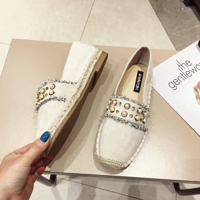 Женские джинсовые лоферы с бахромой жемчужным ремешком стразы пеньковая обувь