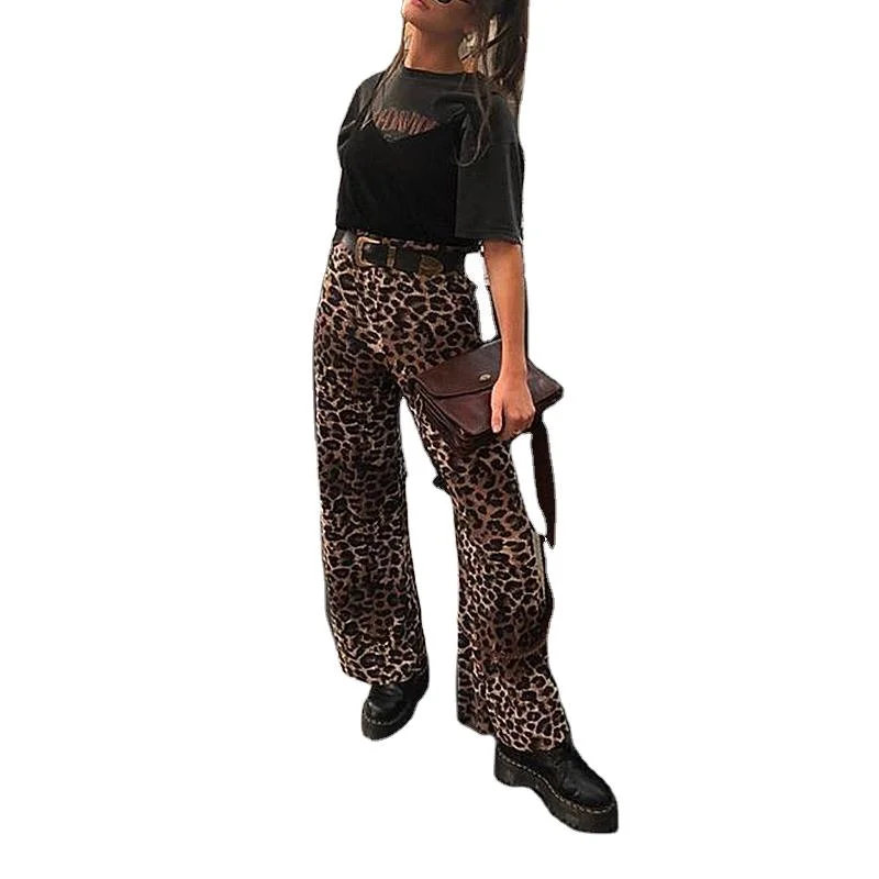 

2021 summer hot style European and American women's leopard print loose casual wide-leg pants trousers ladies casual daily wear