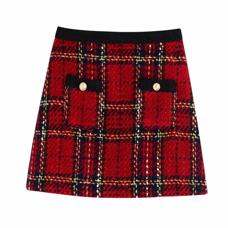 2020 женская элегантная красная клетчатая мини юбка из твида с карманами faldas mujer
