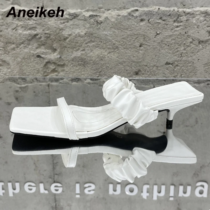 

Aneikeh 2021New Fashion Summer Women's Low Adult Slippers PU Pleated Shallow Slides Solid Outside Thin Heels Casua Concise White