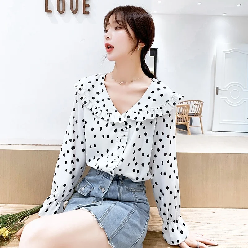 Blusas 2019 Осенняя женская рубашка с оборками в горошек принтом шифоновая Блузки