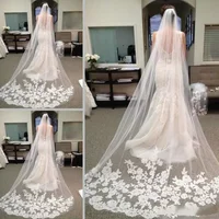 Luxury Long Veils for Bride 2022 Cheap Bridal Hair Accessories Chapel Length Lace Applique Tulle Wedding Bridal Veils