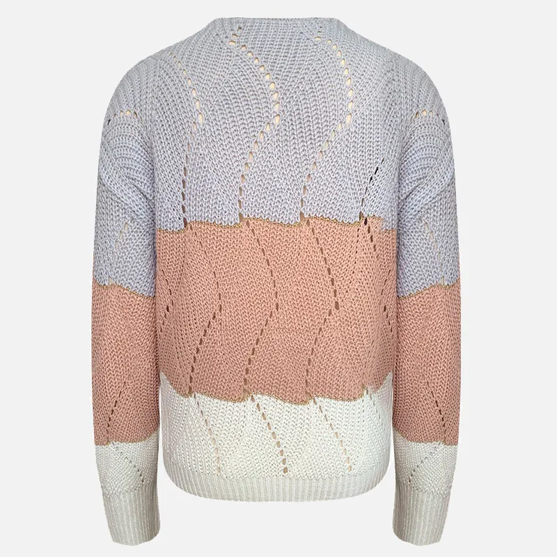 

Knitted Patchwork Women's Sweater Loose Hollow Out V-neck Long Sleeve Female Sweaters 2021 Streetwear Fashion Ladise Pullover