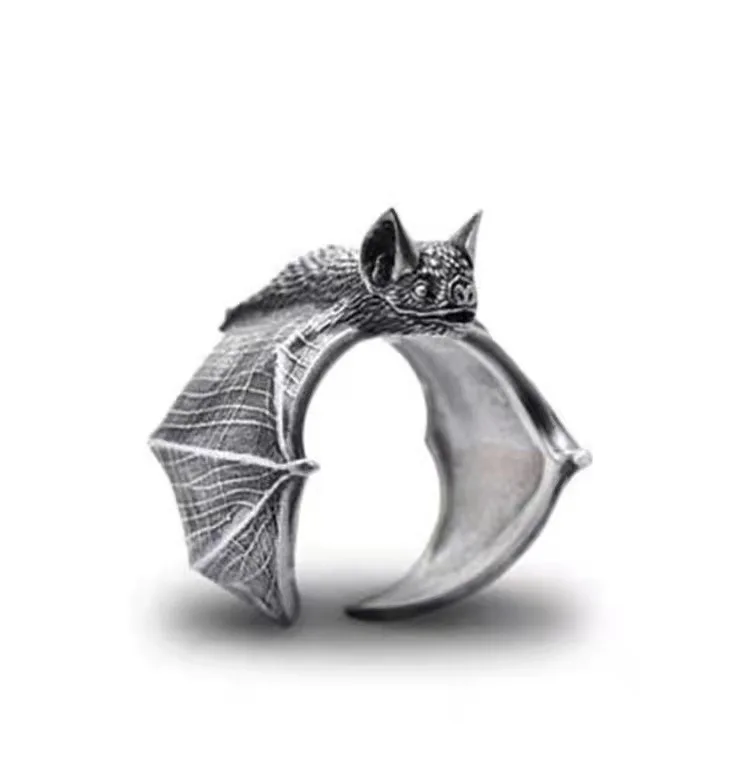

Retro Personality Punk Design Bat Ring Gothic Men Women Silver Plated Opening Ring Trend Men Women Hip Hop Party Jewelry