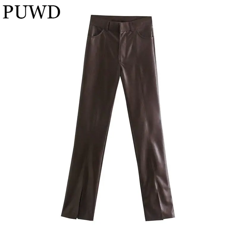 

PUWD Casual Women High Waist Pants 2021 Autumn Fashion Ladies High Street Cool Pants Female Faux Leather Solid Color Trousers