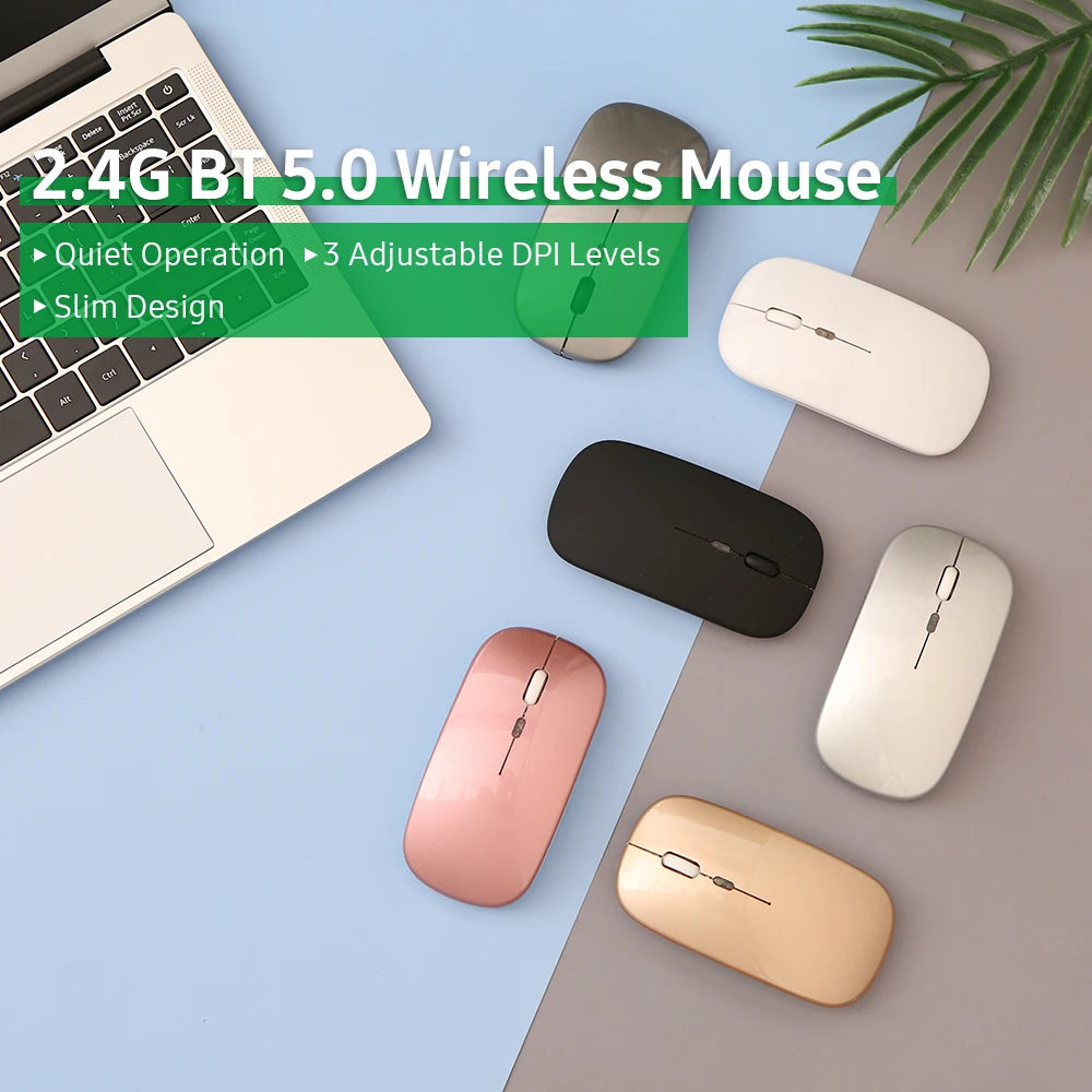 

NEW2022 2.4G BT 5.0 Wireless Slim Rechargeable Mouse Less Noise 3 Adjustable DPI 7-color Breathing Light Mouse for Laptop