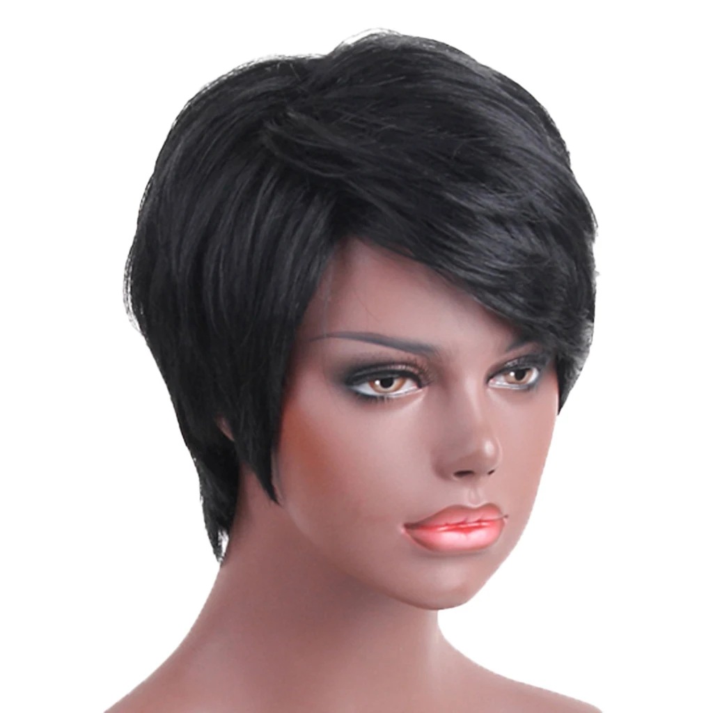 

Women Short Pixie Wig Natural Human Hair Wig Straight Layered Wig Light Breathable for Daily Party Wear Oblique Bangs Wig