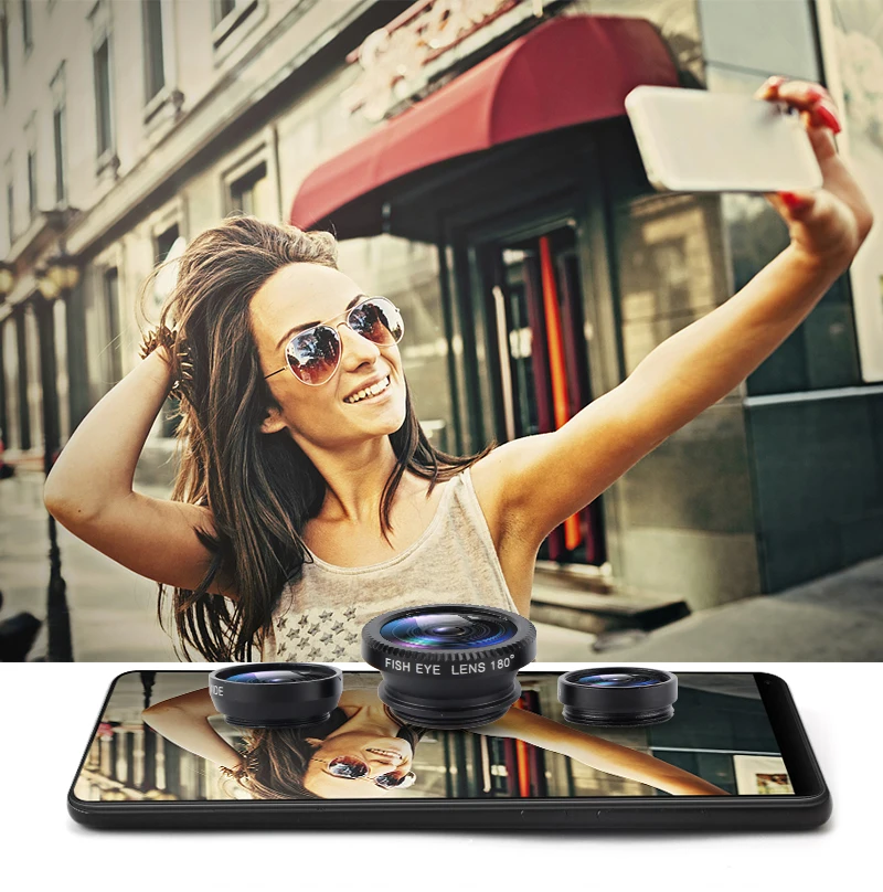 

3-in-1 Lens Kit Fish Eye 180 + 0.67X Wide-angle Lens + Macro Lens Easy-to-use Clip-on Lens For iPhone Samsung iPad Tablet