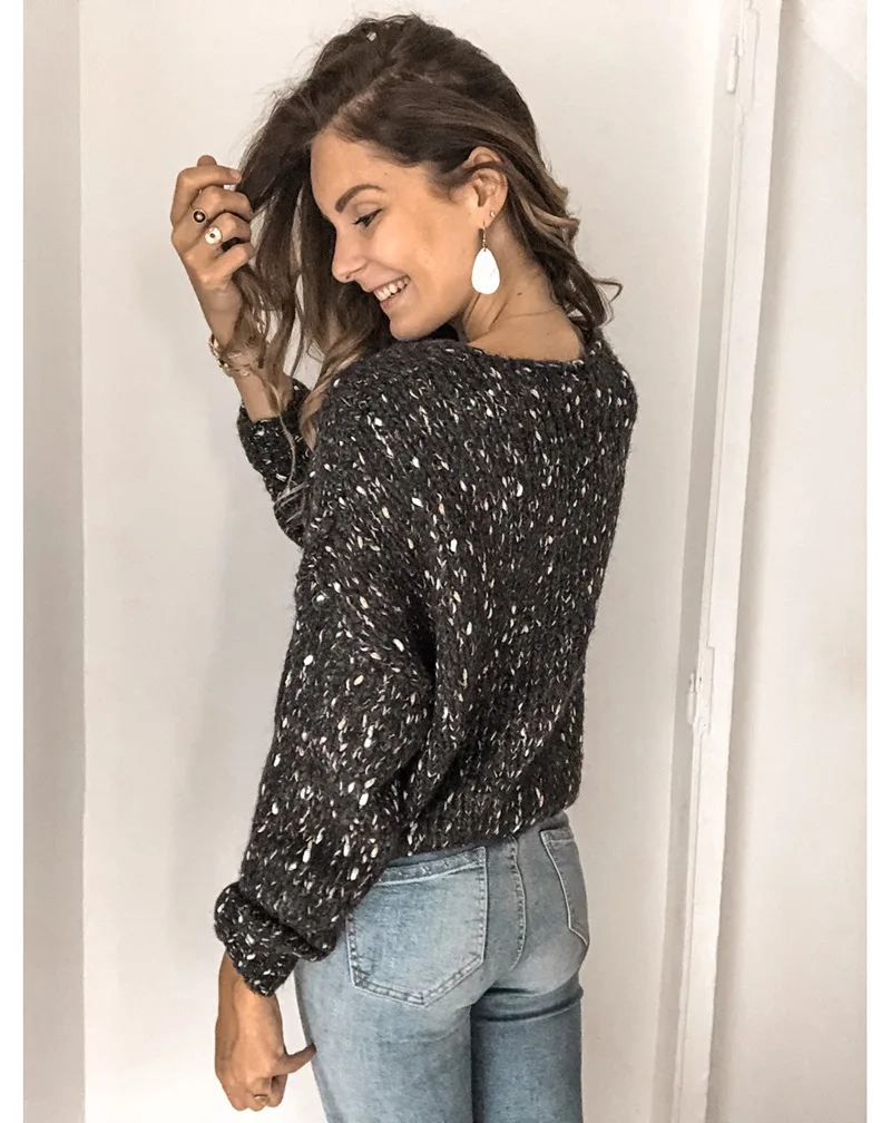 Модные свитера и джемперы Новинка осени 2019 однотонный Блестящий вязаный свитер