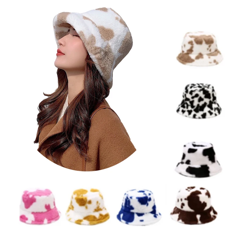 

Ladies Winter Hats New Cow Print Plush Bucket Cap Women Soft Warm Lambswool Hats Panama Gift