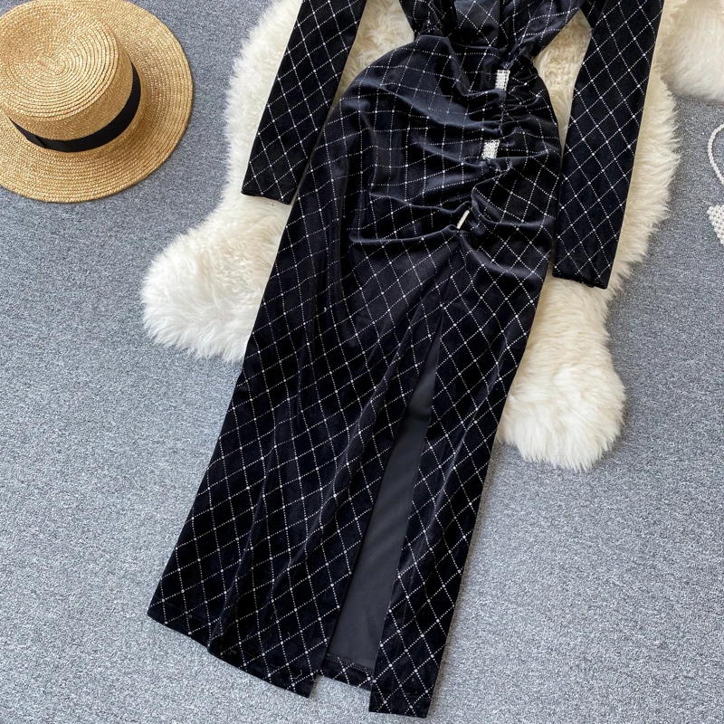 

New Women Velvet Elegant Dress Vestidos Mujer 2020 Spring Autumn Long Sleeve Turn Down Collar Dresses Ladies Bling Party Dress