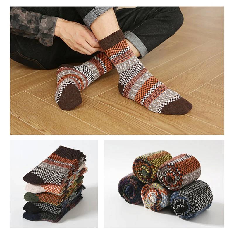 5Pairs/lot Men Witner Thick Warm Wool Women Socks Vintage Christmas Socks Vintage Warm Soft Solid Casual Sports