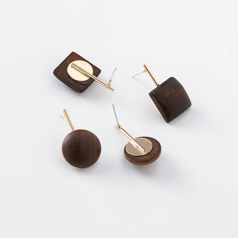 2019 Korean Simple Geometric Wood Handmade Small Stud Earrings for Women Literary Round Square Cute Charm Jewelry Gifts CEL059 | Украшения