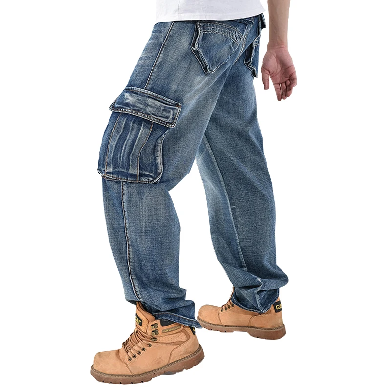 

2021 Men's New Loose Pocket Blue Wide Leg Straight Pants Solid Color Casual Pants Baggy Street Dance Hiphop Jeans Fashion Men