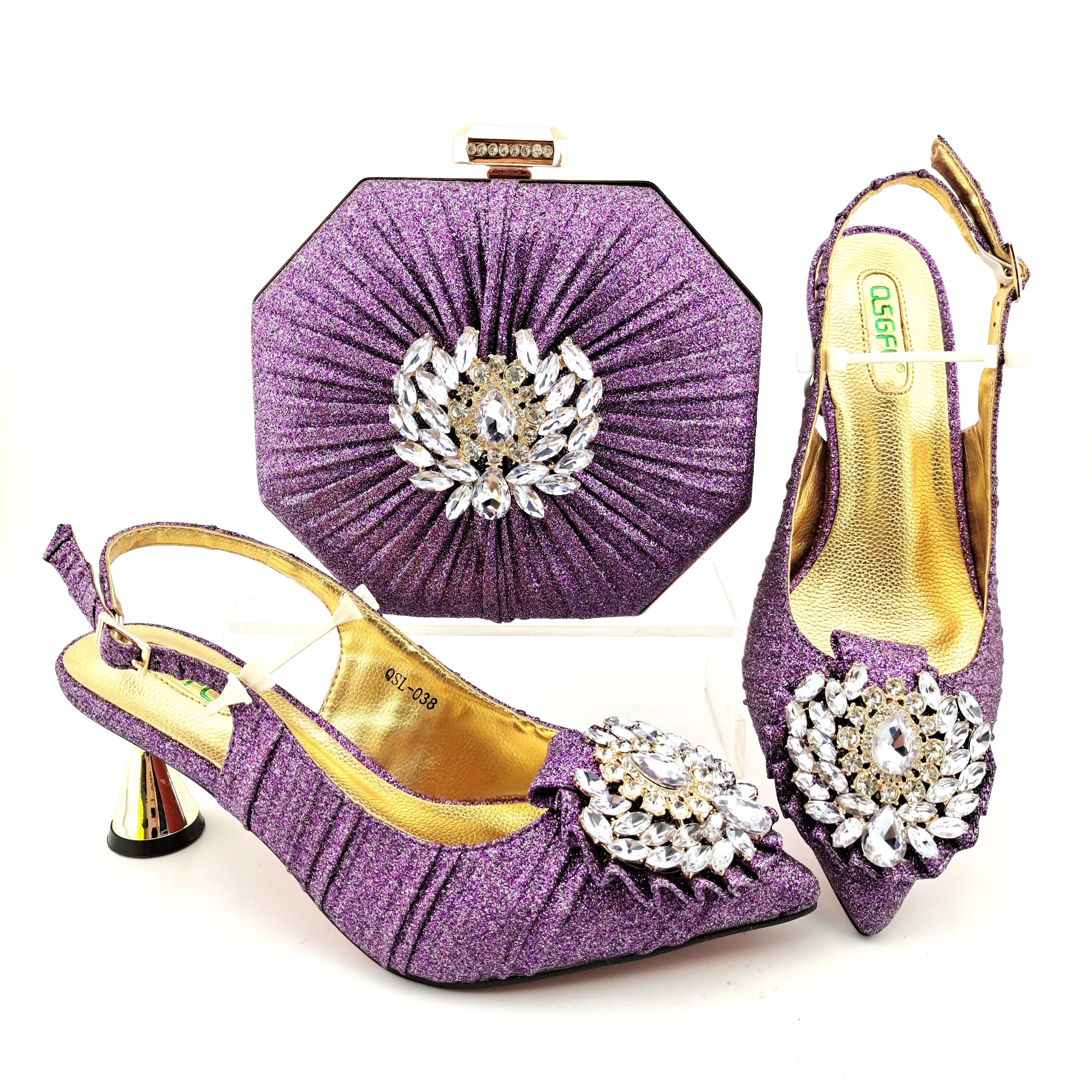

Hot Selling Italian Design 2021 Newest Fashion and Elegant Purple Color Crystal Style Noble Women Shoes and Bag Set for Party