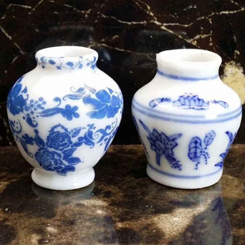 1 Set(2pcs) Mini Blue And White Porcelain Vase DIY Handmade Doll House Kitchen Ceramic Ornament Dollhouse Miniatures | Игрушки и хобби
