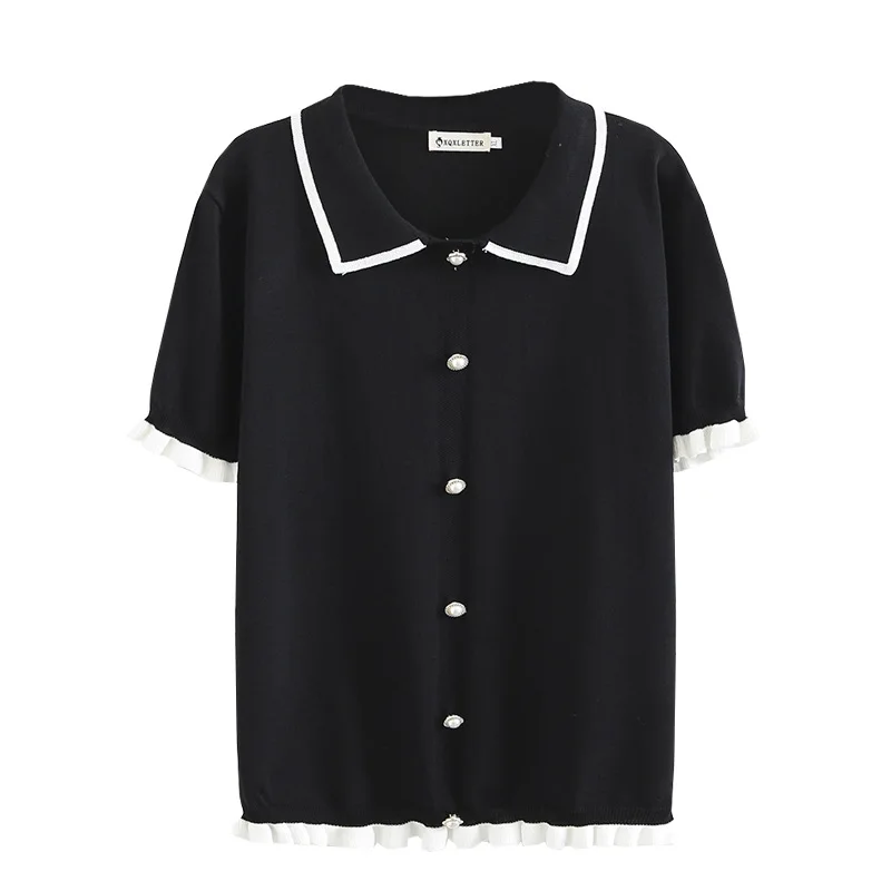 

Women's Clothing T-Shirt Plus Size 3XL 2021 Summer Loose Ruffled Lapel Ice Silk Knitting Tops Small Unlined Upper Garment