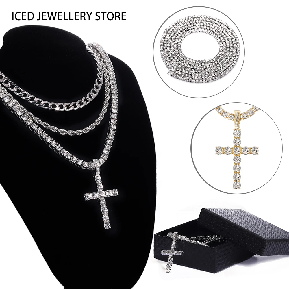 

Male And Female Hip Hop Cross Pendant Necklace With 4mm Zircon Tennis Chain Ice Out Sparkling Jewelry Birthday Gift
