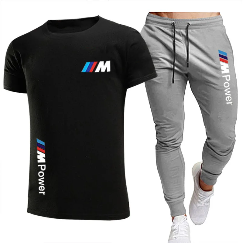 

2021 BMW Fashion Casual Sportswear Summer Alphabet Print Suit Men's Jogging Fitness Suit Men's Suit T-shirt + Pants 2-Piece Set