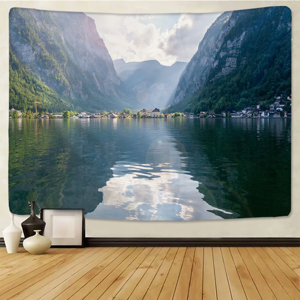 Live Photo Clear Mountain and Green Water Large Landscape Printed Tapestry Psychedelic Wall Hanging Bohemian Art Home Decor | Дом и сад