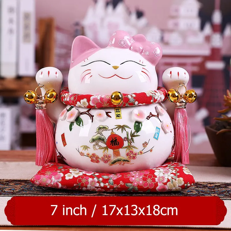 Мультяшная Статуэтка Maneki Neko Oranment, керамическая фигурка счастливого кота, розовый галстук-бабочка, статуя кота Фортуны, Домашняя Декоративная копилка, копилка - Цвет: 7 inch