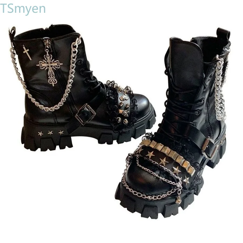

Women's Martin Boots Luxury Rivet Lace Ruffle Lace Up Platform Shoes Girls Harajuku Punk Style Casual Middle Heel Ankle Boots