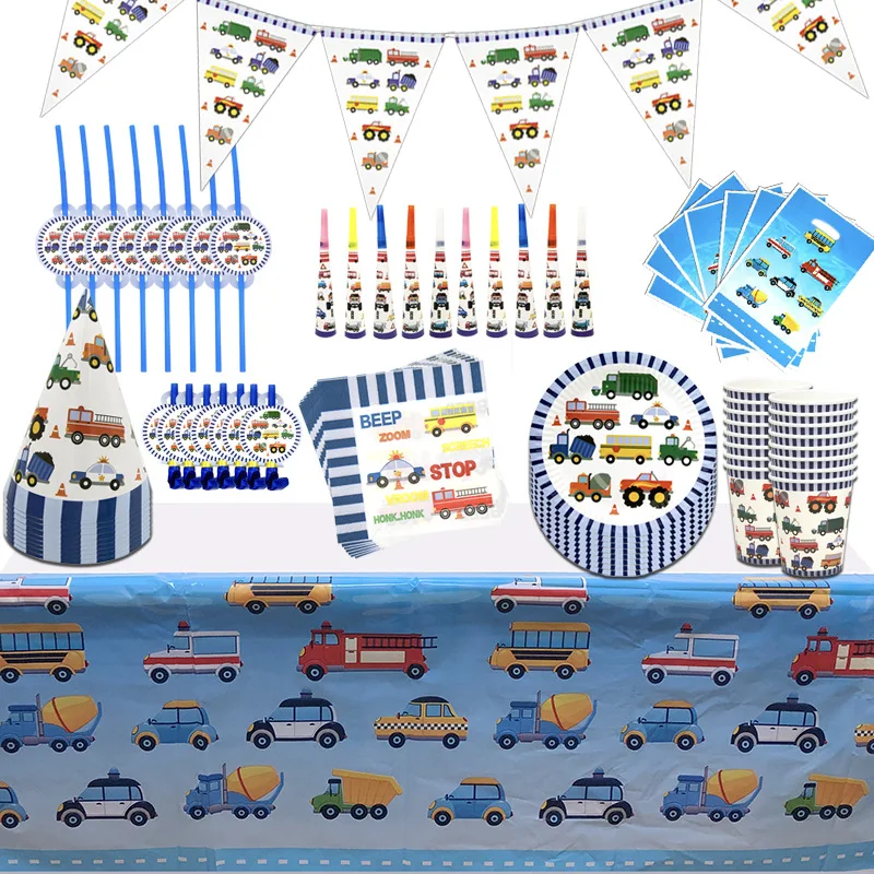 

Kids Favors Construction Engineering Vehicles Theme Birthday Party Supplies Plates Cups Flags Napkin Straws Disposable Tableware