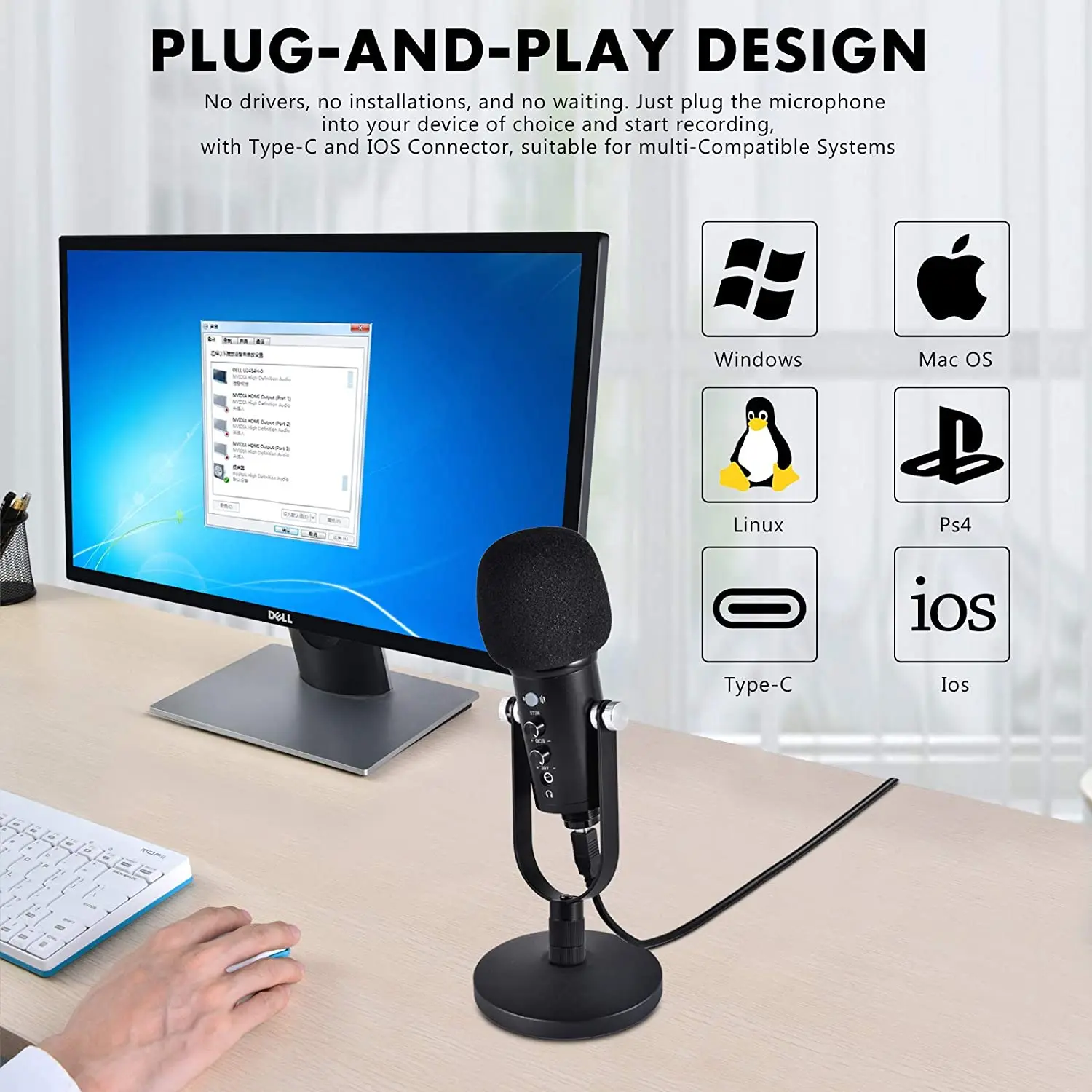 Конденсаторный USB-микрофон для компьютера подкастинга игр и записи шума монитор