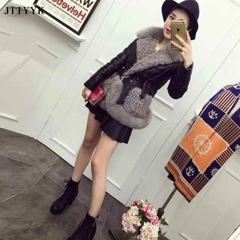 

Short Leather Stitching Cotton Jacket Women's Winter Of Faux Fox Fur Collar Slim-fit Faux Fur Coat Thick Warm Fashion PU Jackets