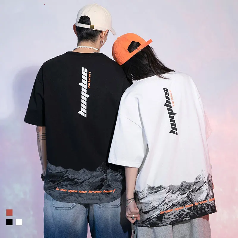 

Футболка мужская оверсайз с принтом гор, хлопковая тенниска в стиле хип-хоп, Повседневная рубашка в японском стиле с круглым вырезом, модная...