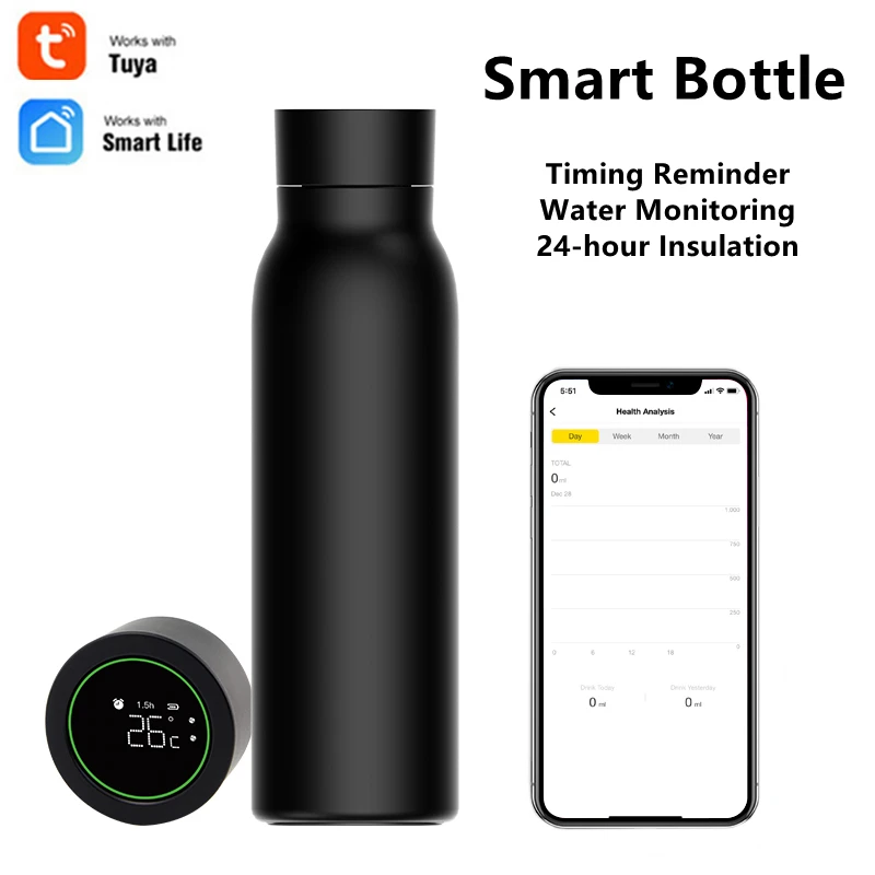 

TUYA Smart Water Cup Black 600ml Drinking Water Monitoring 24-hour Insulation Timing Reminder Smart Bottle Thermos Cup