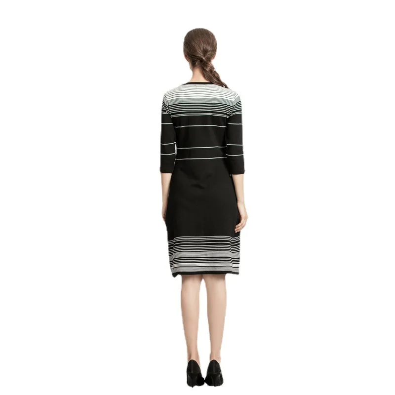 

FNOCE Cross-border Foreign Trade Temperament Striped Plus Size Women's round Neck Slim Slimming And Belly Long Knitted Dress