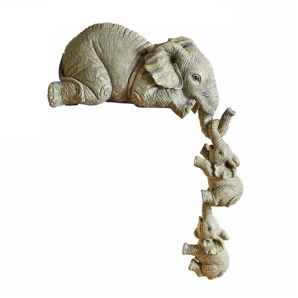 

3pcs Elephant Sitter Hand-Painted Resin Figurines Mother and Two Babies Hanging Off The Edge of Shelf Table In Stock