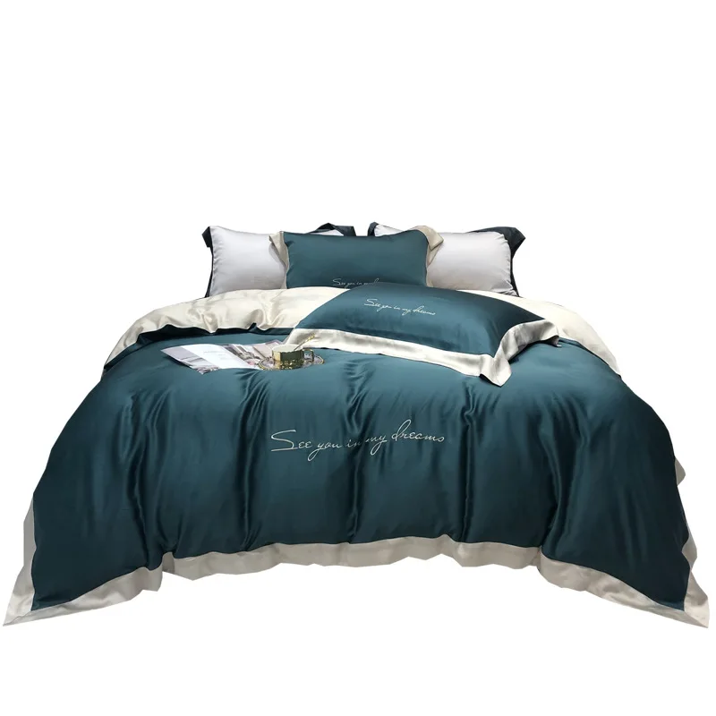 

80 pieces of Lanjing Tencel four-piece suit sleeping naked solid color European summer double-sided ice silk sheets silky b