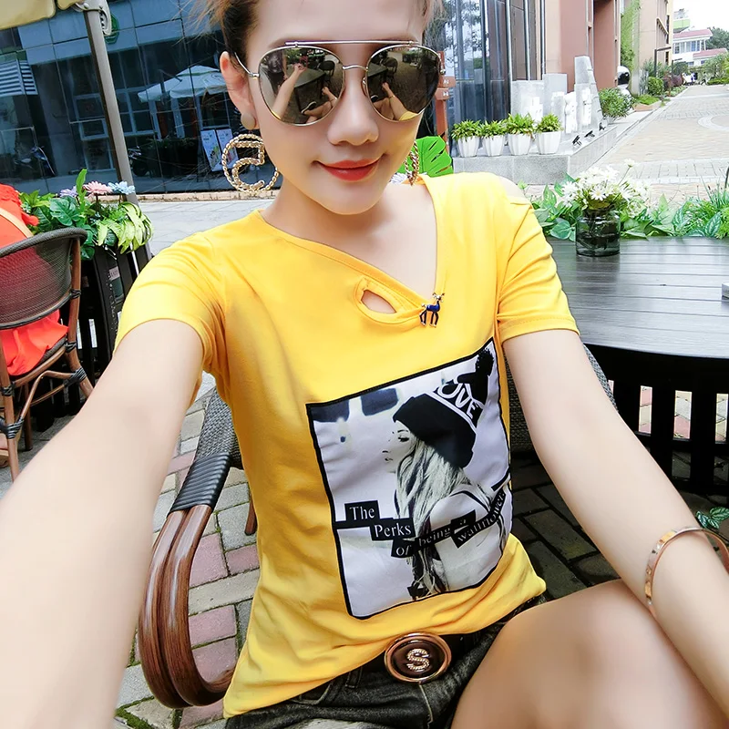 

Europe station summer pure cotton strapless short-sleeved t-shirt female loose was thin Hong Kong style wild patch shirt shirt