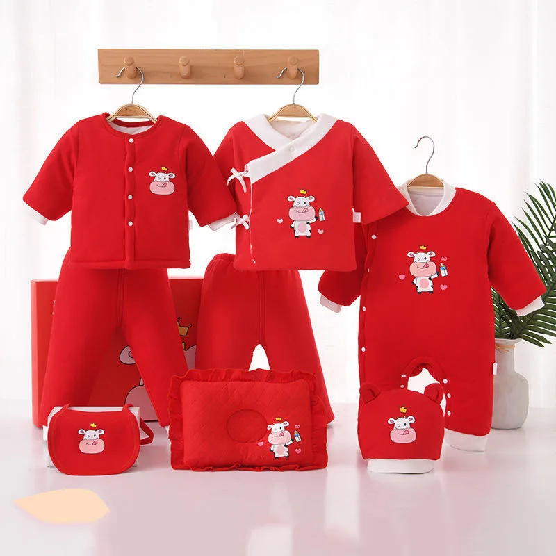 

Autumn and Winter Newborn Pure Cotton Breathable Baby Girl/boy Full Cartoon Printing Red Set Kids Clothes Without Box XB146
