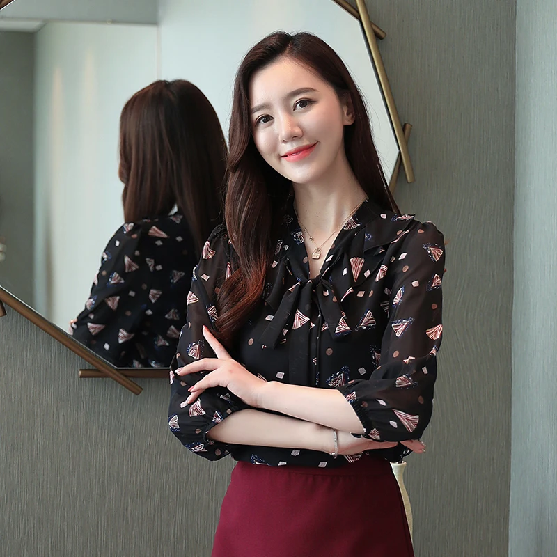 Chiffon Blouse Floral Women Lace Shirt 2020 Spring New Casual Bow Tie Womens Tops And Blouses Korean Style | Женская одежда