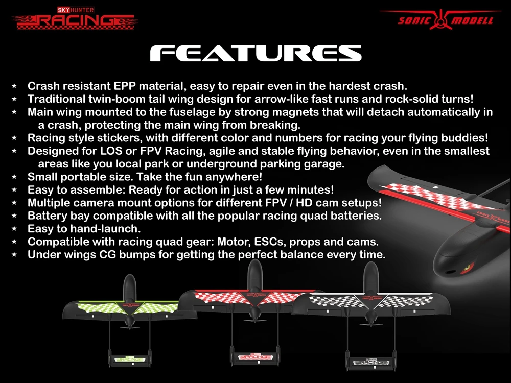 SONICMODELL Skyhunter Racing RC Airplane 787mm Wingspan FPV Aircraft Kit Crash Absorption System Traditional Twin-Boom Tail
