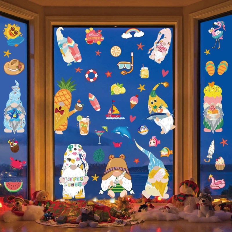 

9 Sheets Hawaii Festival Gnome Dwarf Static Stickers Door Wall Window Clings Decals for Home Office Summer Party Decoration