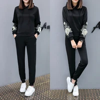 womens increase down thickening twinset student leisure joker even hat motion suit embroidery long sleeve pants two piece set