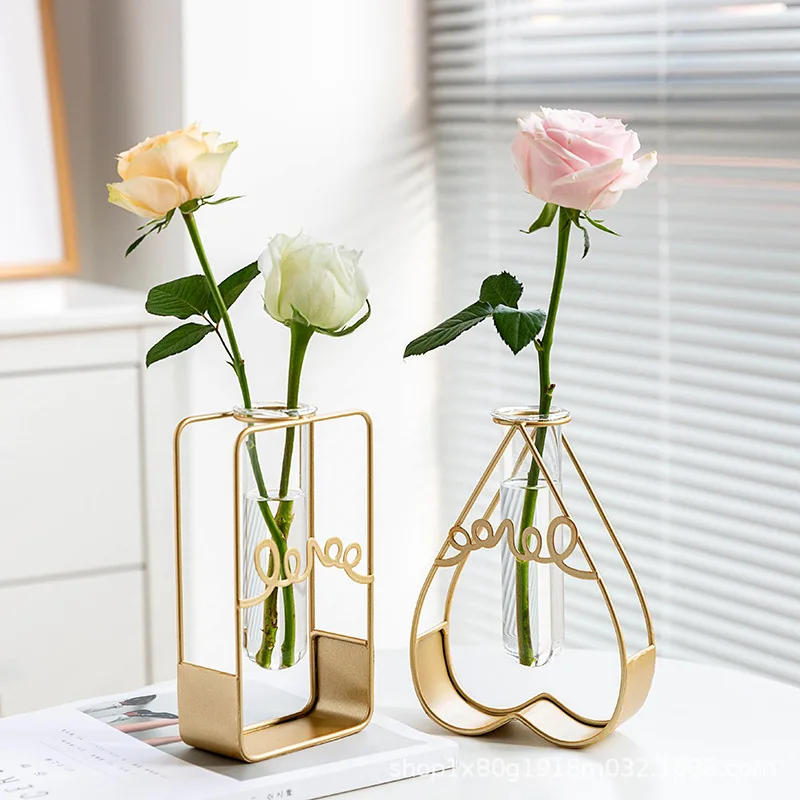 

Nordic Wrought Iron Golden Hydroponic Vase Decoration Home Decor Living Room Decoration Accessories Terrarium Flower Vases Gifts