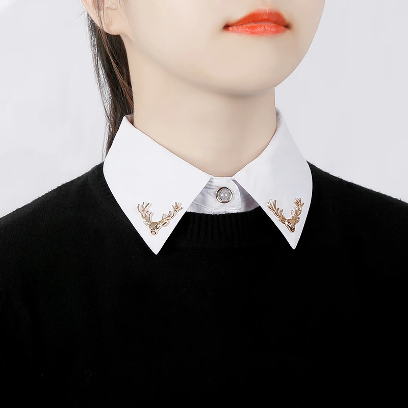 

2021 Brand New Fashion Women Fake Collar Gold Deer Detachable Buttons Large Pointed Lapel Half Shirt Blouse Dress