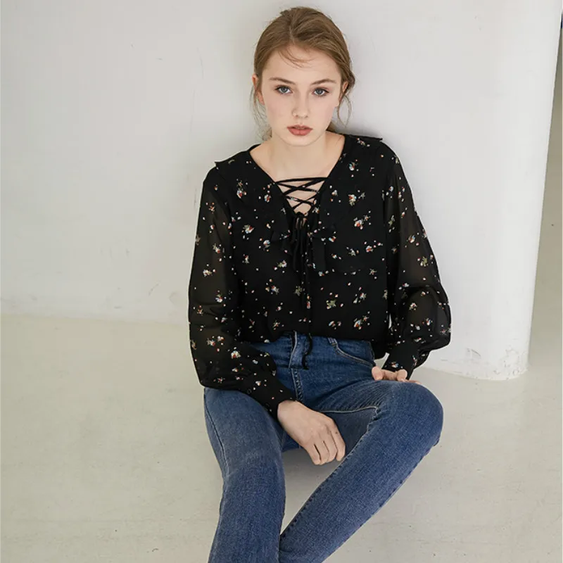 

Floral Thin Chiffon Shirt Loose Lace Up V Neck Ruffle Female Blouse Top Long Sleeve Ropa Para Mujer Ladies Clothes ED50XF