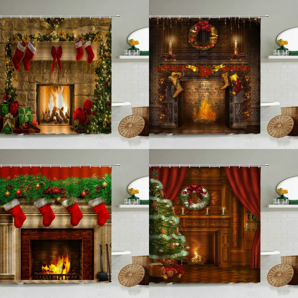 Рождественские новогодние декоративные занавески для душа шторы камина дома