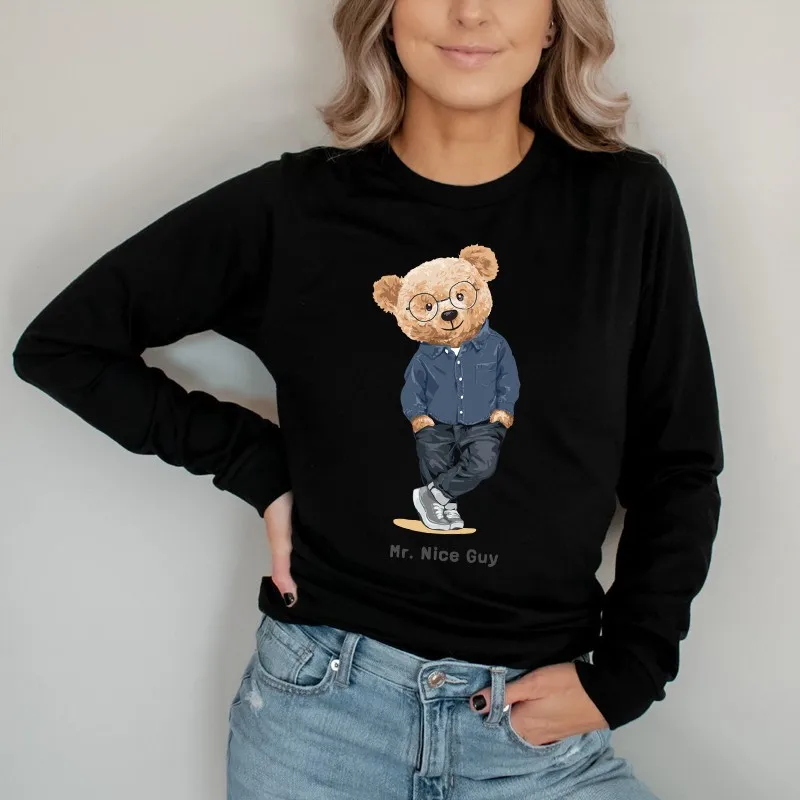 

100% Cotton Jeans With Pocket Bear Pullover Print Long-sleeved Hoodie Women Pure Cotton Casual Super Dalian Hoodie Ladies Hoodie