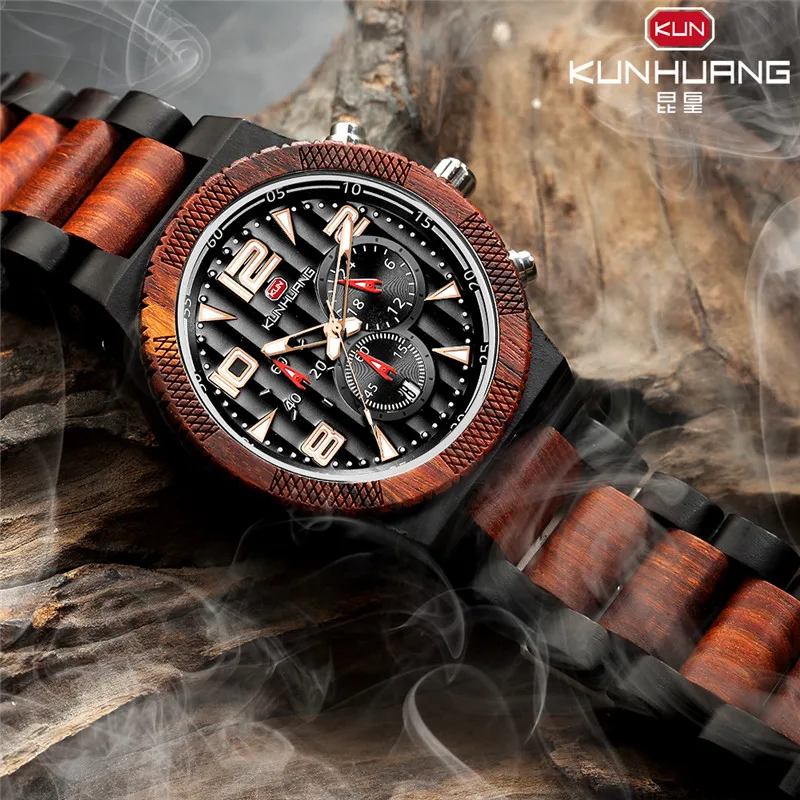 

Chronograph Multifunction Men Watch Wooden Zebra + Red Sandalwood Luminous Luxury Quartz Wrist Watches Casual Wood Male Watches