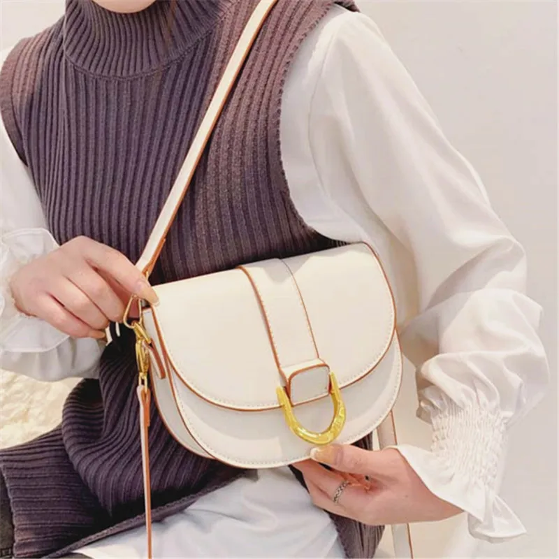 

Female Solid Color PU Leather Flap Saddle Shoulder Bags Simple Retro Messenger Bag Casual Trendy Designer Handbags for Women Sac