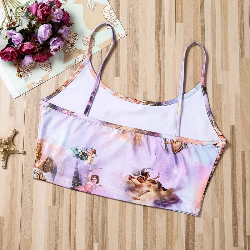 Meihuida Fashion Women Angel Printed Vest Bra Crop Top Sleeveless Tube Spaghetti Strappy Bandeau Stretch Skinny Camis